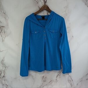 Marmot Shirt Womens Small Blue Hooded Button Henley Roll Up Long Sleeve
